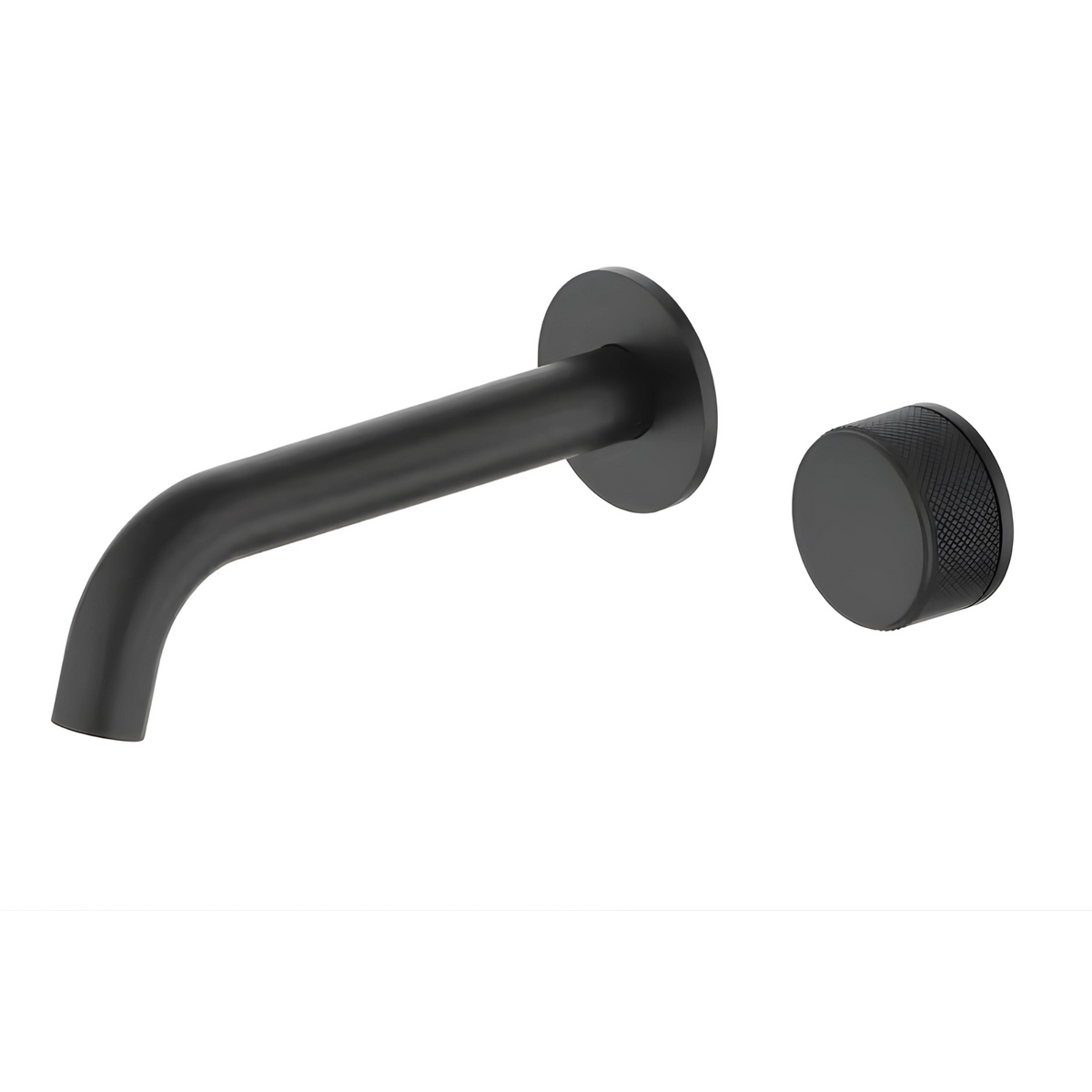 A wall-mounted knurled brass bathroom faucet in a matte black finish, consisting of a lever handle and a spout.