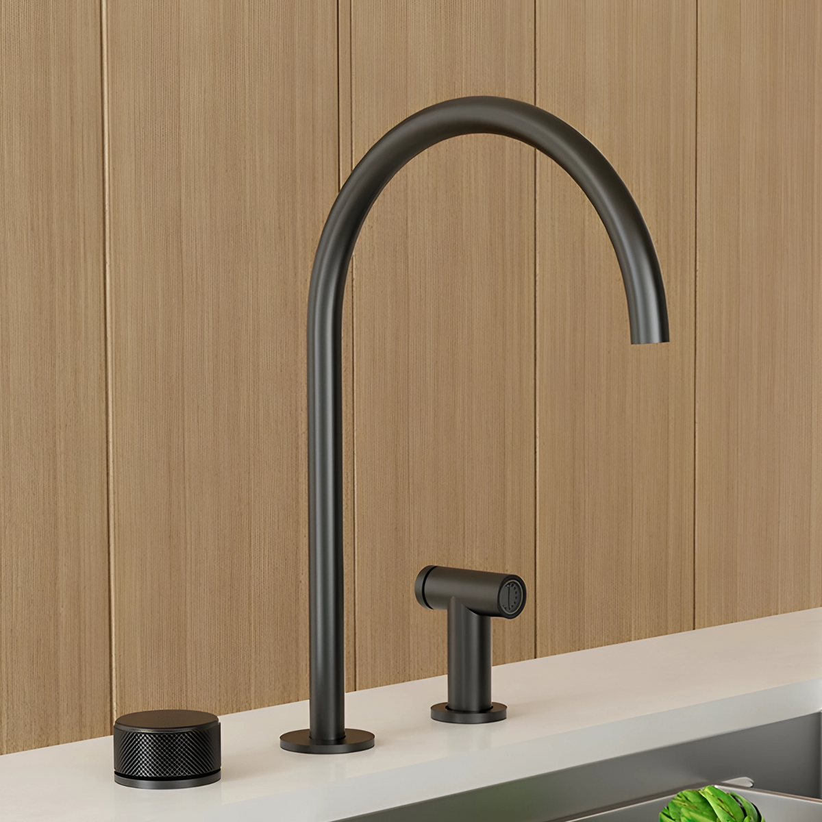 Black kitchen faucet on a wooden wall background